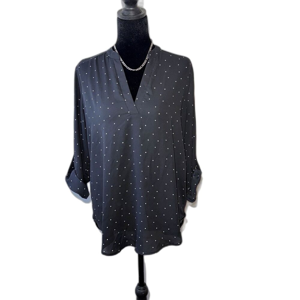 LUSH Black Polka Dot V-Neck Roll-Tab Sleeve Blouse  Women’s Size M